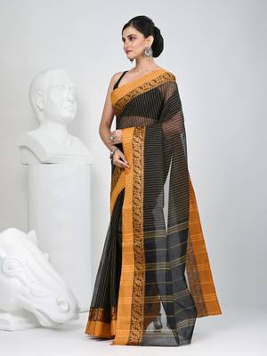 Classic black and mustard striped tant saree with intricate borders 3
