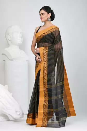 Classic black and mustard striped tant saree with intricate borders
