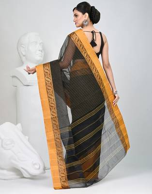 Classic black and mustard striped tant saree with intricate borders 4