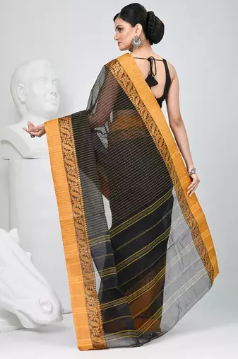 Classic black and mustard striped tant saree with intricate borders