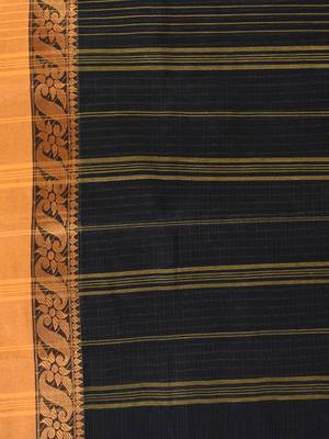 Classic black and mustard striped tant saree with intricate borders 5