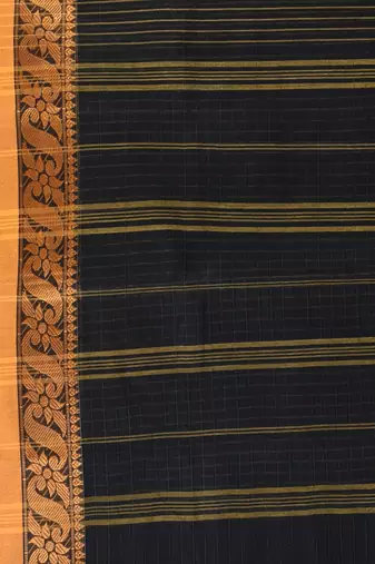 Classic black and mustard striped tant saree with intricate borders