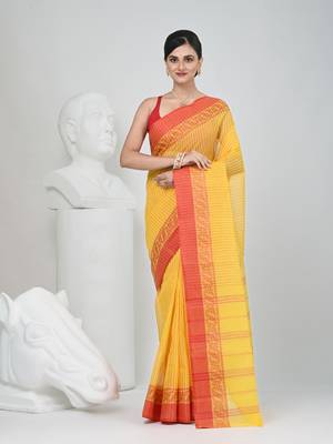 Classic yellow and red striped tant saree with intricate borders 1