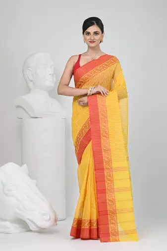 Classic yellow and red striped tant saree with intricate borders