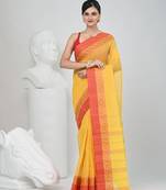 Classic yellow and red striped tant saree with intricate borders