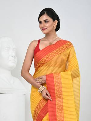 Classic yellow and red striped tant saree with intricate borders 2