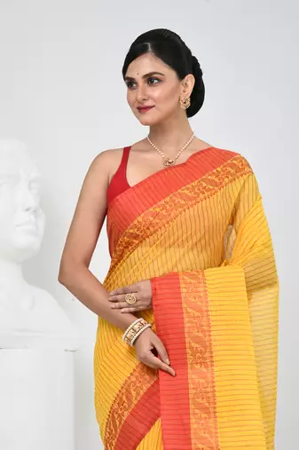 Classic yellow and red striped tant saree with intricate borders