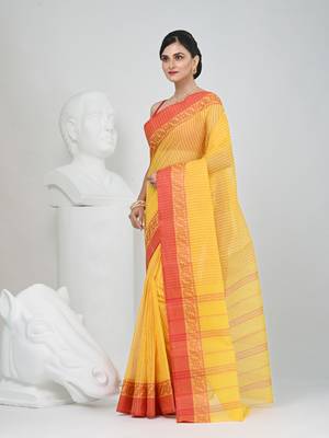 Classic yellow and red striped tant saree with intricate borders 3