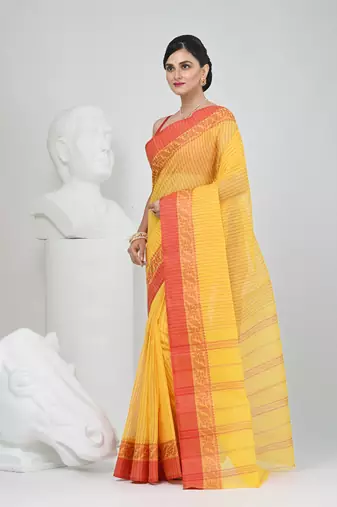 Classic yellow and red striped tant saree with intricate borders
