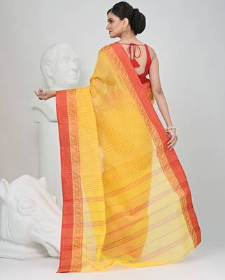 Classic yellow and red striped tant saree with intricate borders 4