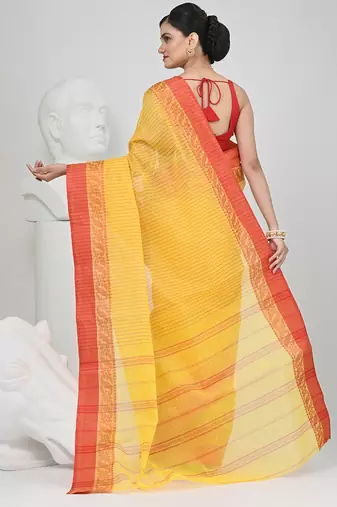 Classic yellow and red striped tant saree with intricate borders