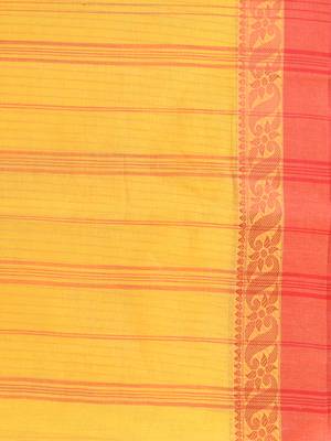 Classic yellow and red striped tant saree with intricate borders 5
