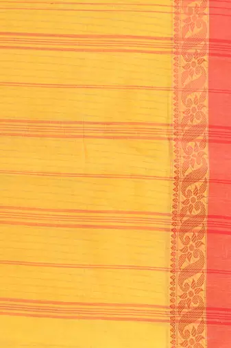 Classic yellow and red striped tant saree with intricate borders