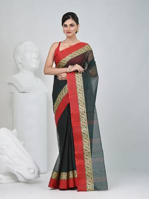 Classic bottle green and red striped tant saree with intricate borders 1