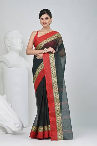 Classic bottle green and red striped tant saree with intricate borders