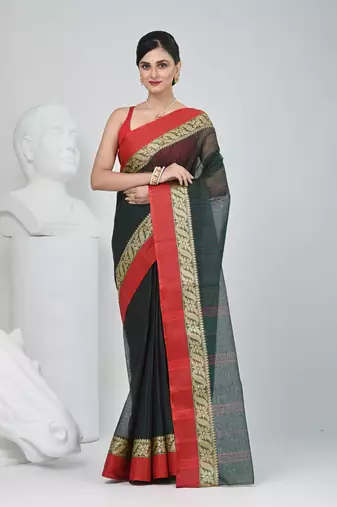 Classic bottle green and red striped tant saree with intricate borders