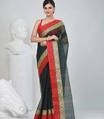 Classic bottle green and red striped tant saree with intricate borders