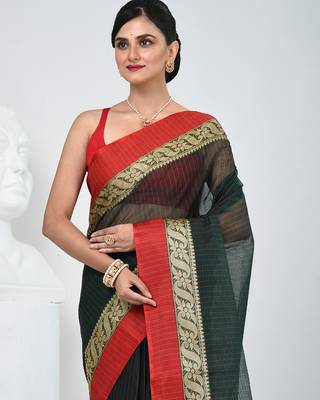 Classic bottle green and red striped tant saree with intricate borders 2