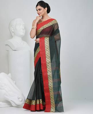 Classic bottle green and red striped tant saree with intricate borders 3