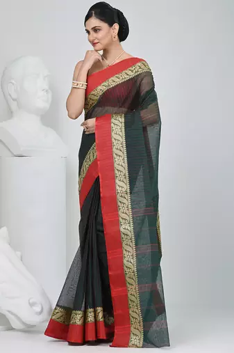 Classic bottle green and red striped tant saree with intricate borders