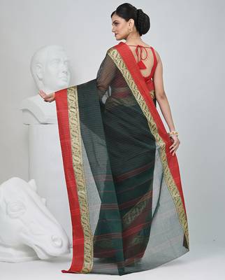 Classic bottle green and red striped tant saree with intricate borders 4