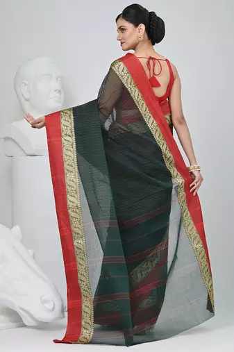 Classic bottle green and red striped tant saree with intricate borders