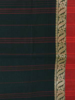 Classic bottle green and red striped tant saree with intricate borders 5
