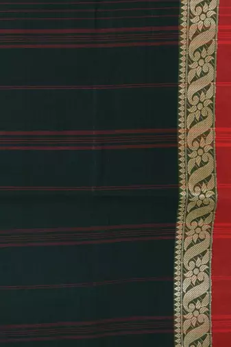 Classic bottle green and red striped tant saree with intricate borders