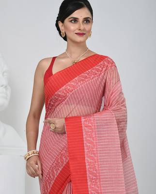 Elegant red and white checked tant saree with floral lace border 1