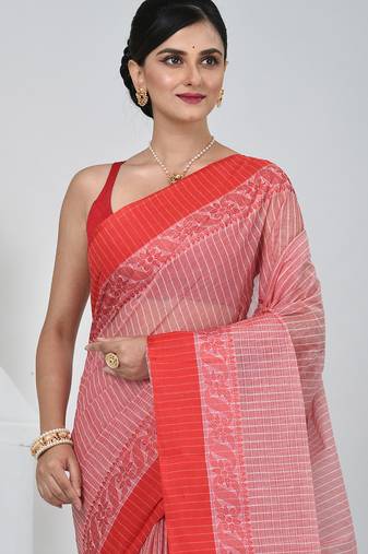 Elegant red and white checked tant saree with floral lace border