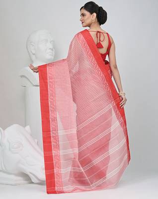 Elegant red and white checked tant saree with floral lace border 2