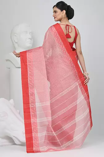 Elegant red and white checked tant saree with floral lace border