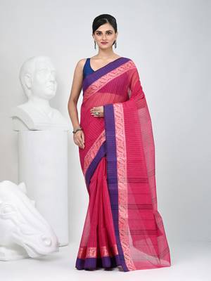 Classic rani pink and blue striped tant saree with intricate borders 1