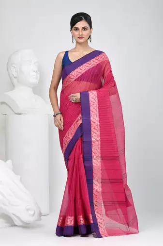 Classic rani pink and blue striped tant saree with intricate borders