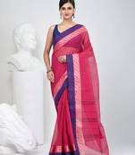 Classic rani pink and blue striped tant saree with intricate borders