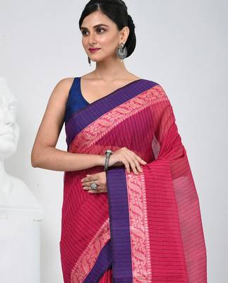 Classic rani pink and blue striped tant saree with intricate borders 2