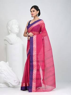 Classic rani pink and blue striped tant saree with intricate borders 3