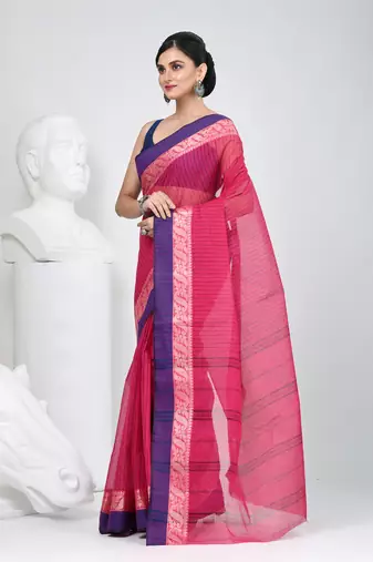 Classic rani pink and blue striped tant saree with intricate borders