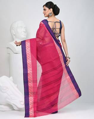 Classic rani pink and blue striped tant saree with intricate borders 4
