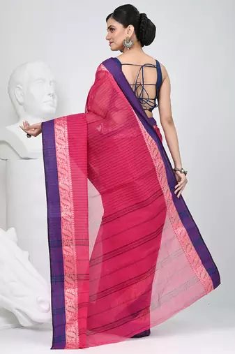 Classic rani pink and blue striped tant saree with intricate borders