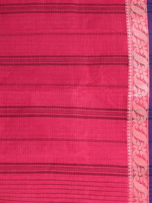 Classic rani pink and blue striped tant saree with intricate borders 5