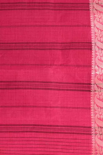Classic rani pink and blue striped tant saree with intricate borders