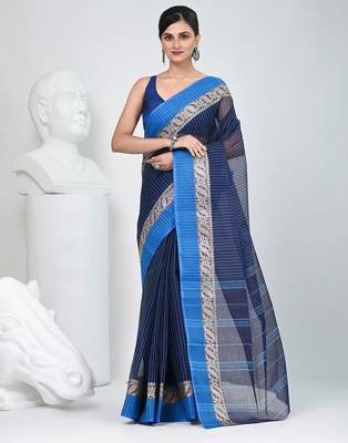 Stunning navy blue and blue striped tant saree with floral lace border 1