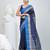 Stunning navy blue and blue striped tant saree with floral lace border