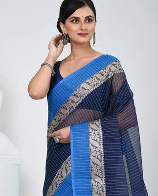 Stunning navy blue and blue striped tant saree with floral lace border 2