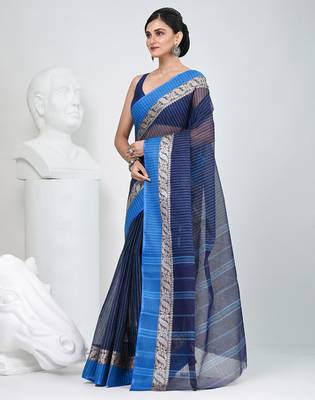 Stunning navy blue and blue striped tant saree with floral lace border 3