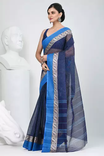 Stunning navy blue and blue striped tant saree with floral lace border