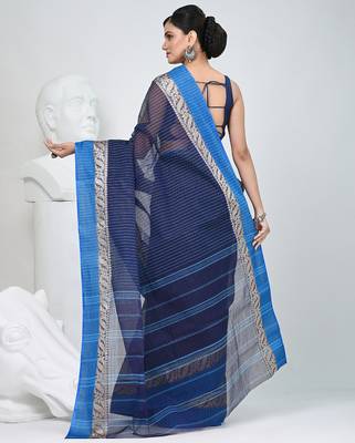 Stunning navy blue and blue striped tant saree with floral lace border 4