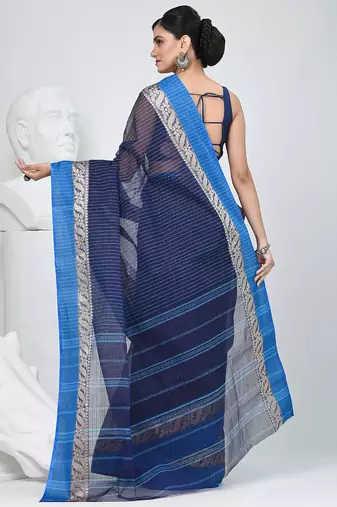 Stunning navy blue and blue striped tant saree with floral lace border