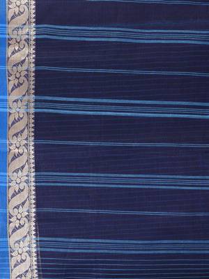 Stunning navy blue and blue striped tant saree with floral lace border 5